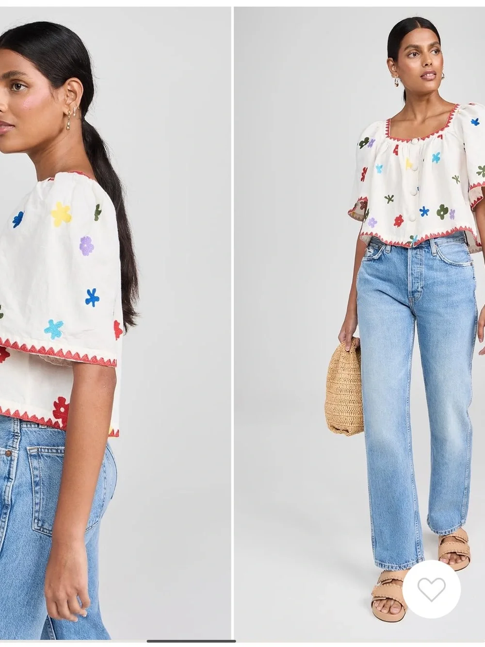 RHODE White Cropped Peasant Top with Multicolor Flower Embroidery - Picture 4 of 8